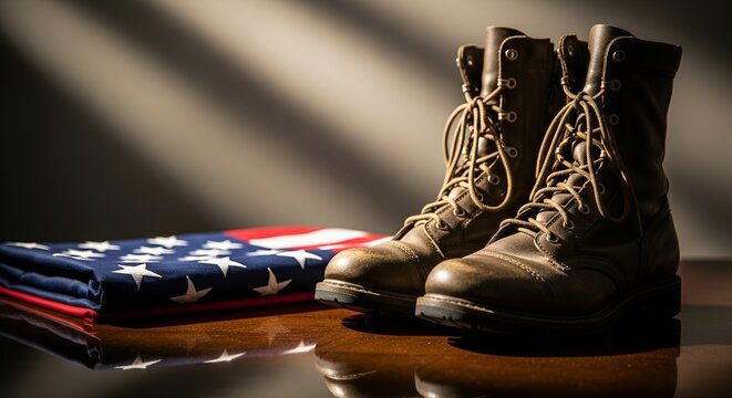 Old Combat Boots and Folded American Flag Lit by Sunlight, Honoring Service