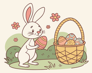 Adorable bunny with easter egg and basket