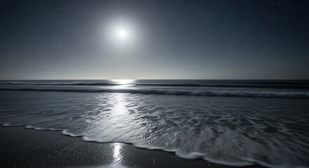 Moonlit scene of ocean waves washing onto the shore under a starry night with bright moonlight ai generated
