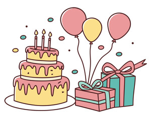 Birthday cake, balloons and gifts