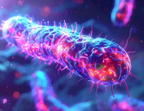 Close-up 3D render of a glowing, colorful bacteria cell, floating in a dark field - Powered by Adobe