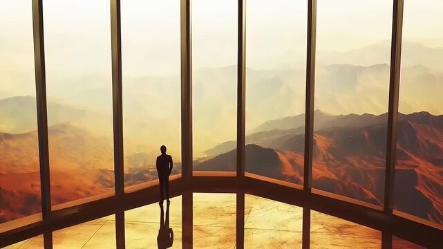 Silhouette contemplative figure gazes ethereal mountain range panorama boundless opportunities future endeavors