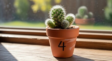 Cactus in a Pot with Number Four on Wooden Surface.