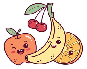 Cute cartoon fruit set with apple and banana