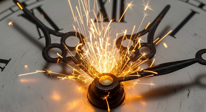 Close up of a clock face with sparks emanating from the center near the hands of the clock