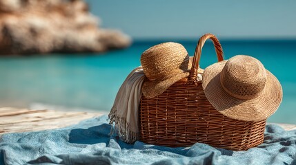 Wicker basket with sun protection hats rests upon a towel near bright turquoise ocean water