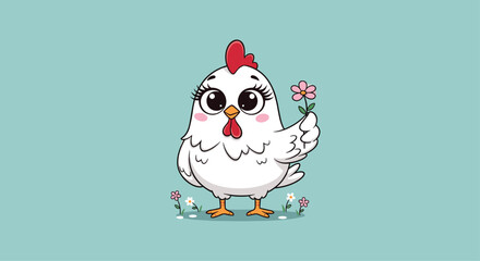 Cheerful cartoon chicken with big, sparkling eyes and rosy cheeks happily presents a delicate pink flower, standing amidst a field of small blossoms.