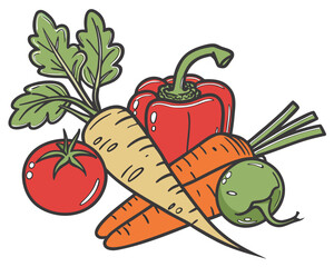 Fresh vegetables assortment with tomato, carrot, pepper and turnip