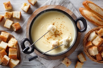 Wooden table with white surface features cheese fondue in black bowl, topped with cheese piece, surrounded by toasted bread pieces. Concept of melted cheese served for dipping.