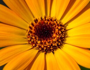Close-up shot of a vibrant orange and yellow flower with a dark purple center in sunlight