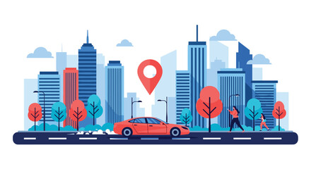 Fototapeta premium Vibrant city skyline illustration features towering skyscrapers, lush trees, and a red car moving along a road, highlighted by a prominent location pin.