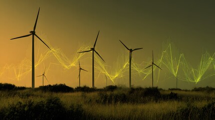 Row of wind turbines generates fluctuating energy data visualized over a grassy landscape at dusk
