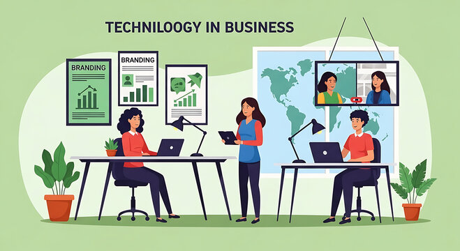 People working in office with technology and branding charts business teamwork illustration image design template