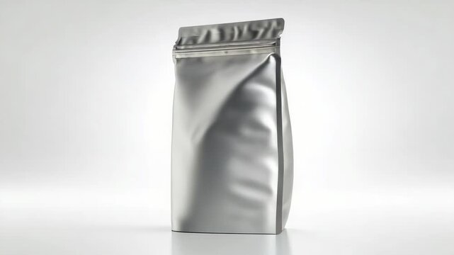 Silver Metallic Pouch Standing on White Reflective Surface in Studio Lighting Product Mockup for Packaging Design and Branding