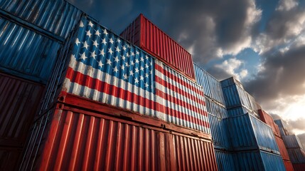 Stacked shipping containers featuring national colors and emblems tower against a dramatic sky