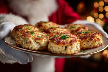 Person holding plate of crab cakes, golden brown, crispy, topped with parsley. Concept of festive celebration around Christmas tree, highlighting golden crab patties with spices.