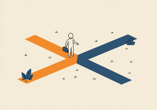 A person stands at a crossroads, facing two distinct paths representing different choices and potential futures, with small plants and scattered dots suggest...