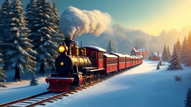 Nostalgic steam locomotive train journey through snowy winter mountain landscape. Magical holiday express in deep snow