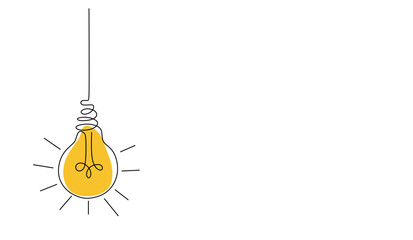 One continuous line drawing of hanging light bulbs with one shining. Concept of creative idea