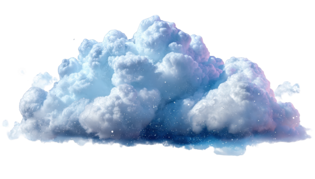 A large, fluffy cumulus cloud, rendered in pastel blue and white, with hints of purple and a starry, cosmic interior