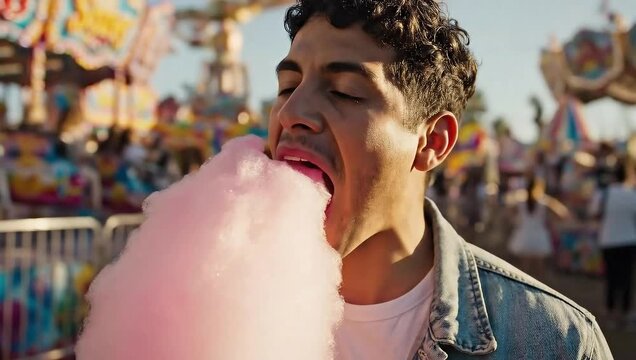 national cotton candy day happy young man enjoying sweet pink at carnival