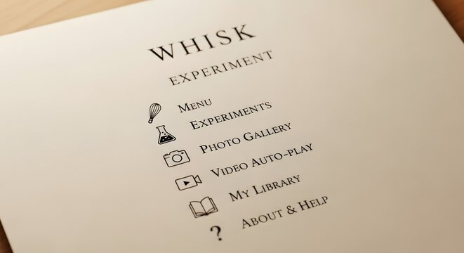 Whisk experiment menu with diverse icons for various options