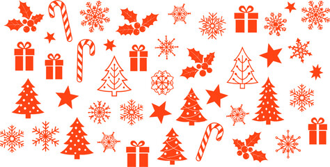 Red Christmas themed icons including trees, gifts, snowflakes, stars, candy canes, and holly, arranged in a festive pattern on a clean white background perfect for holiday season marketing.