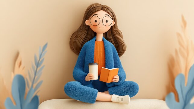 Cartoon woman relaxing with book and coffee on a comfortable day