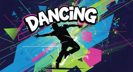 Dynamic Hip-Hop Dancer Silhouette on Abstract Geometric Neon Background Vector Art, Vibrant Music Poster or Event Banner Graphic Design.