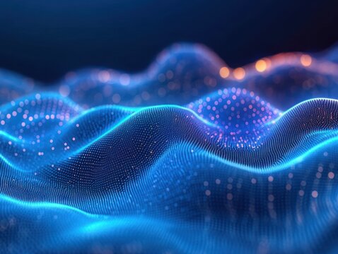 Glowing blue and purple digital wave with small dots creating a flowing abstract pattern conveying a sense of depth and movement - Powered by Adobe