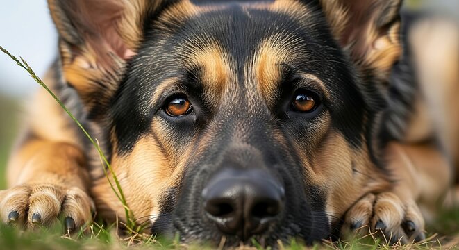 Close-up of a Relaxed German Shepherd Dog in a Grassy Field. - Powered by Adobe