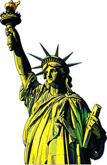 Stylized green-yellow statue holding a torch is depicted in a bold, graphic style against a white backdrop, conveying a sense of liberty, perfect for educational or historical projects.