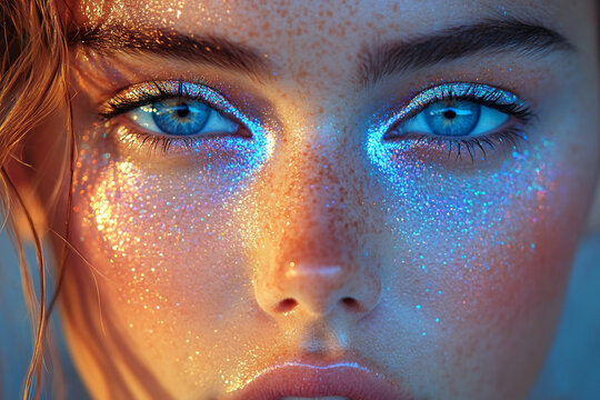 Generative AI image of fashion model with glowing neon makeup showing futuristic beauty cosmetics and closeup visage trends in modern style