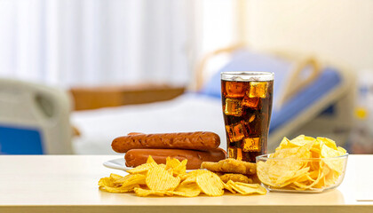 Ultra processed foods like sausages chips and sweet soda on table with blurred hospital background health awareness concept