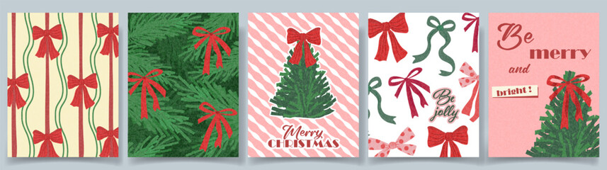 Christmas Holiday banner, card, poster, cover, background set. Modern bright design with hand drawn elements, christmas tree, red bows, for season greetings, sale, print, ads. Xmas trees in retro 