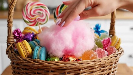national cotton candy day hand putting pink into basket