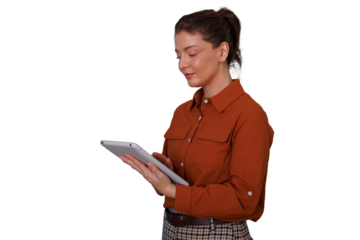 Woman working with tablet, connecting, collaborating, and managing tasks on transparent background
