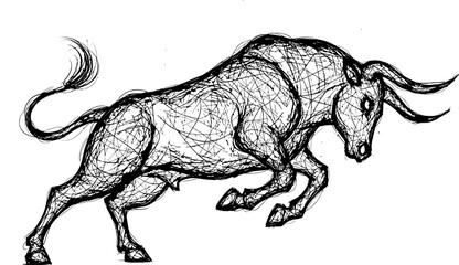 Powerful bull, rendered in a black sketch style, is charging forward with aggressive energy, making it ideal for themes of strength, finance, or zodiac imagery.