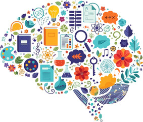 Whimsical brain shape filled with education icons like books, beakers, flowers, and lightbulbs, creating a colorful learning concept design ideal for educational materials and creative projects.