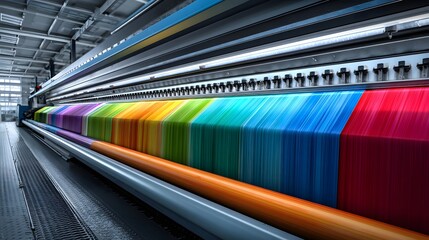 Massive industrial machinery processes vibrant, multicolored strands of fiber in a manufacturing facility
