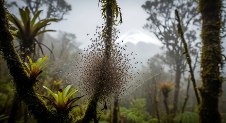 Misty Cloud Forest Canopy with Epiphytes and Bromeliads in Focus.