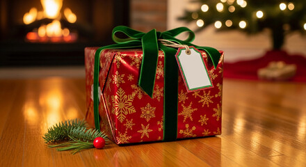 A beautifully wrapped red gift box with gold stars and a green ribbon sits on a wooden floor. A Christmas tree is softly lit in the background.