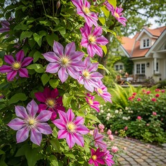 Clematis Flowers in a Beautiful Garden Setting with House.