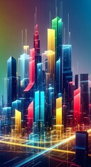 Abstract cityscape featuring brightly colored skyscrapers with glowing lines suggesting connectivity and a futuristic, digital aesthetic.