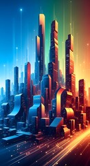 Abstract cityscape with towering skyscrapers illuminated in vibrant blue and orange hues, connected by glowing lines, suggesting a futuristic urban network.