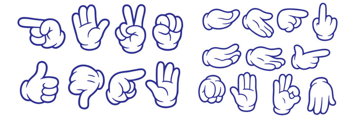 Cartoon Hands Vector Illustration Set: Expressive White Glove Gestures, Pointing, Waving, Victory Sign, and Cupped Hand Collection for Diverse Design Projects