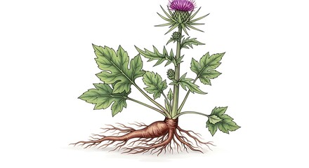 Detailed illustration of a thistle plant with roots and purple flower.