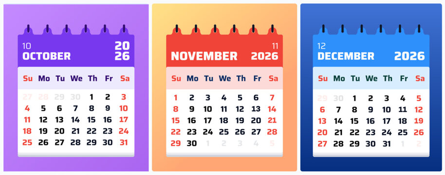 December 2026 Calendar. December November October 2026 Monthly Organizer, Classic December 2026 Schedule Page. Vector graphic