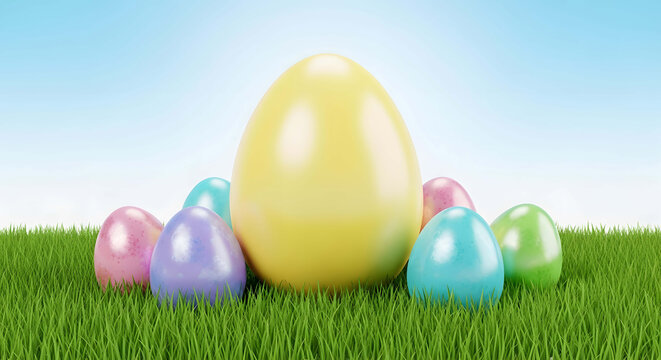 A vibrant collection of colorful easter eggs in various sizes arranged on lush green grass under a clear blue sky