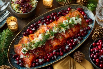 Gravlax platter with smoked salmon, cranberries, goat cheese, set on rustic wooden table. Concept of cozy ambiance, featuring cured salmon with mustard sauce, warm lighting.
